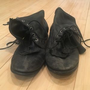 Black Leather Fringed Lace-Up Ankle Boots